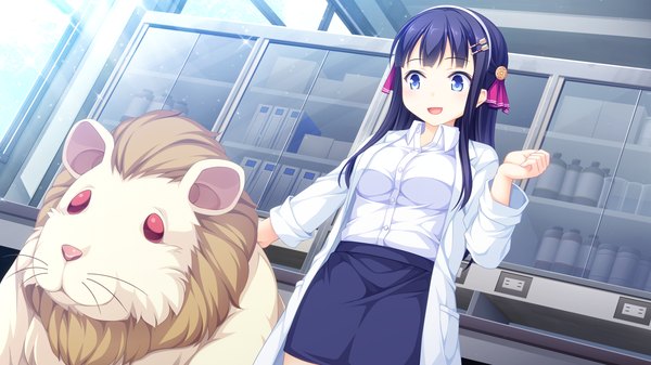 Anime picture 1920x1080 with world election whirlpool (studio) shishidou iori single long hair highres open mouth blue eyes black hair wide image game cg girl animal headband labcoat