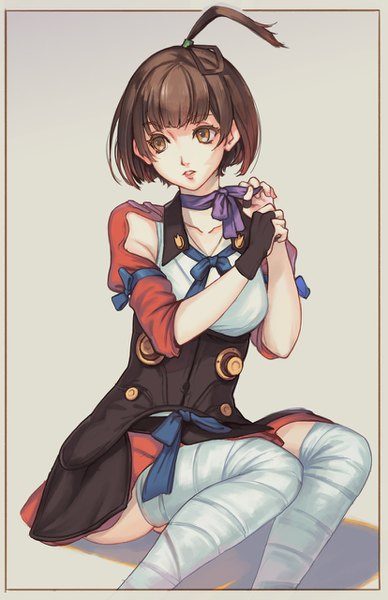 Anime picture 828x1280 with koutetsujou no kabaneri wit studio mumei (kabaneri) saimon ma single tall image fringe short hair simple background brown hair sitting brown eyes looking away ahoge blunt bangs parted lips grey background framed girl gloves