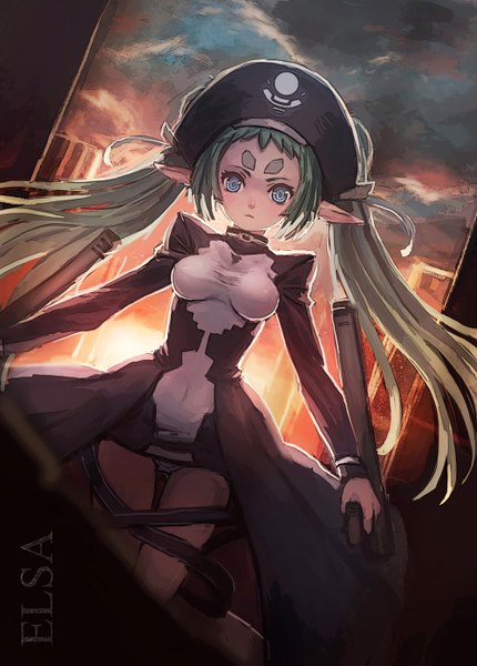 Anime picture 1000x1396 with demonbane elsa bryanth single long hair tall image looking at viewer blue eyes light erotic twintails sky green hair pointy ears evening sunset girl weapon hat
