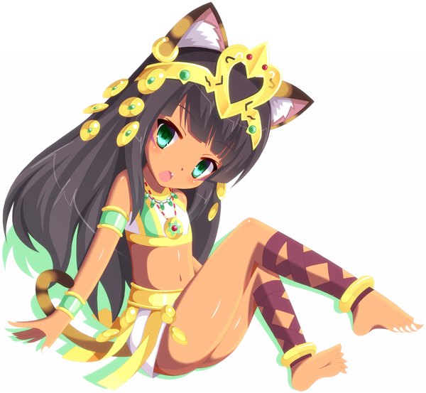 Anime picture 1029x950 with puzzle & dragons bastet (p&d) nekotechno single long hair open mouth black hair simple background white background green eyes animal ears animal tail teeth fang (fangs) dark skin chibi girl bracelet jewelry