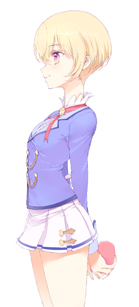 Anime picture 827x1812 with aikatsu! hattori yuu nghrstst single tall image fringe short hair simple background blonde hair smile hair between eyes standing white background purple eyes looking away profile hands behind back valentine girl skirt