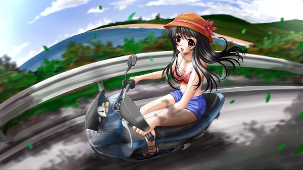 Anime picture 1366x768 with original ilolamai single long hair open mouth black hair wide image brown eyes girl hat shorts motorcycle
