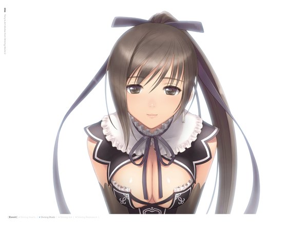 Anime picture 1920x1461 with shining (series) shining blade maxima enfield tony taka single long hair looking at viewer highres breasts light erotic black hair cleavage ponytail very long hair black eyes official art girl dress ribbon (ribbons) hair ribbon