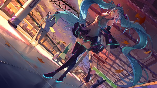 Anime picture 1777x1000 with vocaloid hatsune miku baisi shaonian single highres wide image twintails bare shoulders looking away sky very long hair head tilt one eye closed aqua eyes wind aqua hair wide sleeves dutch angle zettai ryouiki evening