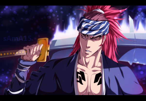 Anime picture 1100x760 with bleach studio pierrot abarai renji sama15 single long hair pink hair ponytail traditional clothes japanese clothes pink eyes tattoo coloring magic angry boy weapon kimono bandana huge weapon