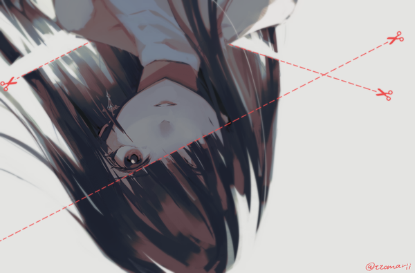 Anime-Bild 800x527 mit original tomari (veryberry00) single long hair fringe simple background brown hair brown eyes signed parted lips hair over one eye grey background portrait upside down dotted line girl scissors
