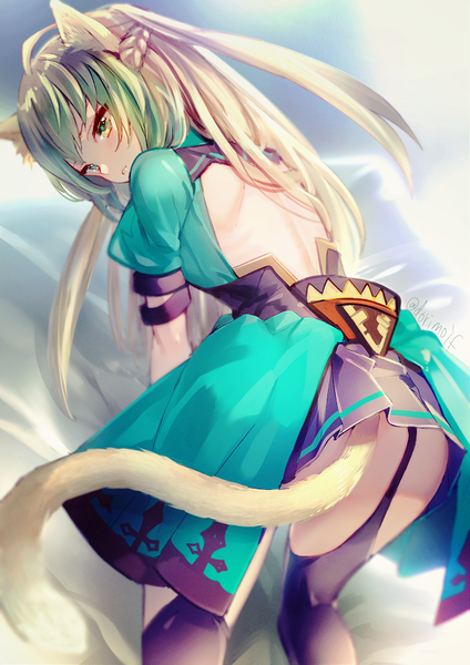 Anime picture 636x900 with fate (series) fate/grand order fate/apocrypha atalanta (fate) miyuki ruria single long hair tall image looking at viewer light erotic blonde hair green eyes signed animal ears ahoge ass tail animal tail pleated skirt looking back