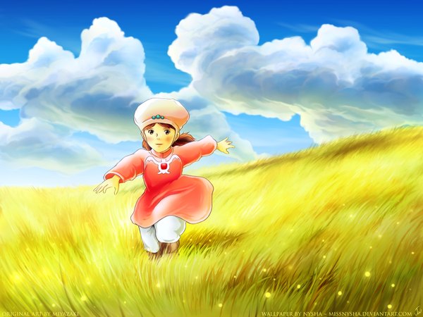 Anime picture 2048x1536 with kaze no tani no nausicaa studio ghibli nausicaa single long hair looking at viewer blush fringe highres brown hair brown eyes sky cloud (clouds) full body outdoors long sleeves wind spread arms running field