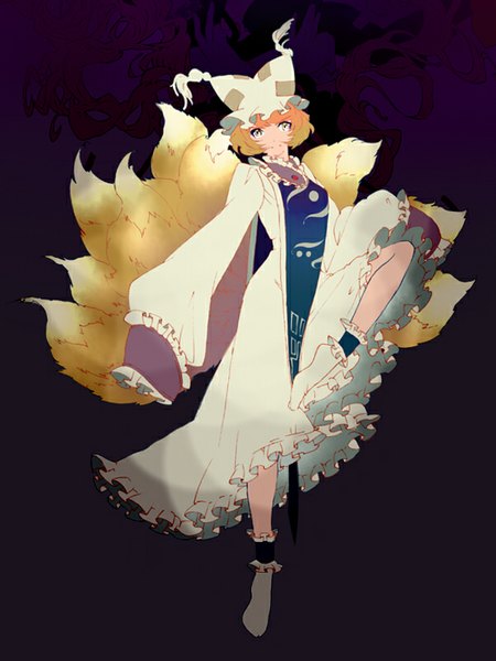 Anime picture 600x800 with touhou yakumo yukari yakumo ran okomeuma single tall image looking at viewer short hair simple background blonde hair animal ears tail long sleeves animal tail no shoes fox ears fox tail fox girl leg lift (legs lift) multiple tails