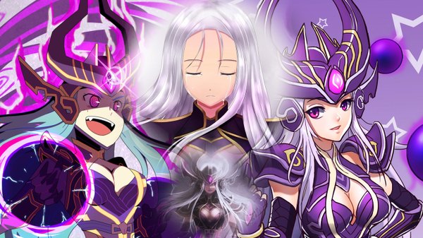Anime picture 1366x768 with league of legends syndra vichoac single long hair open mouth smile wide image purple eyes cleavage silver hair pink eyes girl headdress teardrop