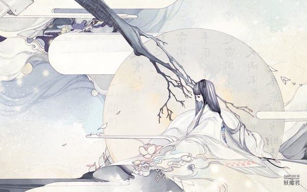 Anime picture 1680x1050 with original yaomou meizi single fringe black hair wide image signed very long hair traditional clothes profile black eyes girl flower (flowers) plant (plants) animal petals tree (trees) bird (birds) branch