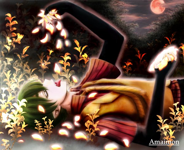 Anime picture 1400x1144 with ao no exorcist a-1 pictures amaimon echiyo single short hair open mouth green eyes cloud (clouds) lying nail polish profile green hair teeth fang (fangs) red moon boy plant (plants) petals tree (trees)