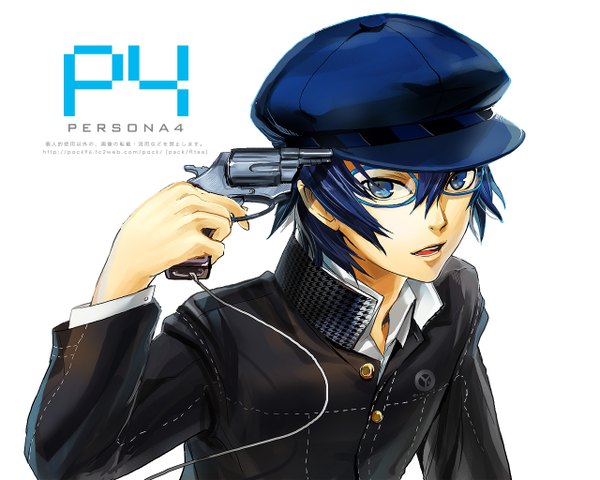 Anime picture 1280x1024 with persona 4 shirogane naoto maguchimo single short hair blue eyes white background blue hair inscription girl weapon choker glasses gun peaked cap