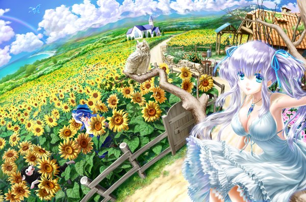 Anime picture 2000x1324 with original tougami (artist) long hair highres blue eyes twintails multiple girls sky silver hair cloud (clouds) girl dress flower (flowers) ribbon (ribbons) hair ribbon hat animal bird (birds) pendant 3 girls