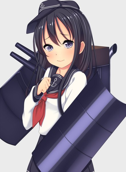Anime picture 880x1200 with kantai collection asashio destroyer kiyomin single long hair tall image looking at viewer blush black hair simple background purple eyes grey background girl flat cap