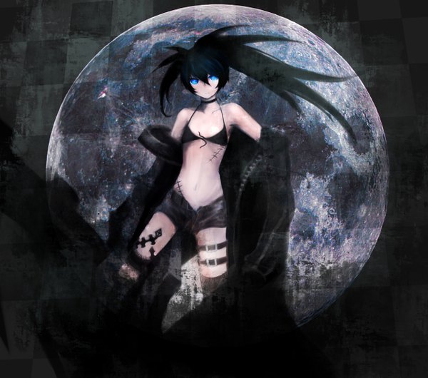 Anime picture 1258x1113 with black rock shooter black rock shooter (character) moekyon single long hair blue eyes black hair bare shoulders midriff glowing scar glowing eye (eyes) checkered checkered background girl navel jacket shorts belt full moon