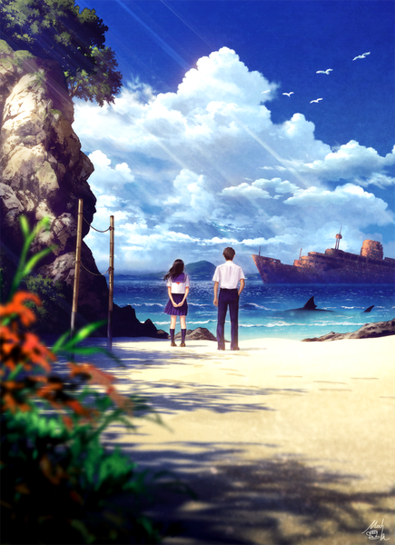 Anime picture 726x1000 with original mocha (cotton) long hair tall image short hair black hair brown hair standing sky cloud (clouds) full body pleated skirt wind from behind sunlight shadow beach hands behind back hand in pocket sand