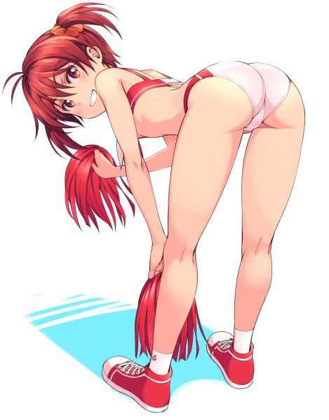 Anime picture 938x1200 with vividred operation isshiki akane michairu tall image blush short hair light erotic red eyes twintails ass red hair short twintails girl uniform socks shoes white socks gym uniform sneakers