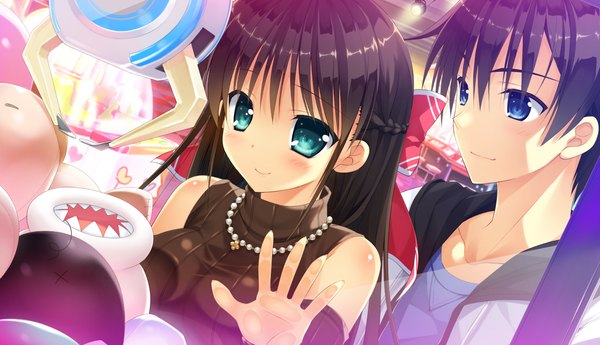 Anime picture 1320x760 with primal x hearts kuragano sera long hair blush short hair blue eyes black hair smile wide image game cg couple girl boy