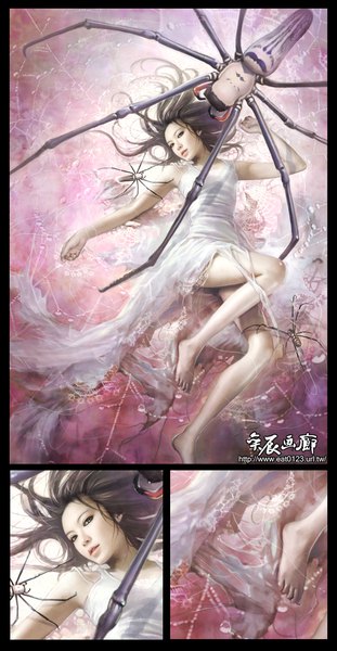 Anime picture 600x1156 with original eat0123 long hair tall image looking at viewer black hair signed full body lying barefoot realistic bare legs on back floating hair torn clothes watermark spread arms pink background multiview girl
