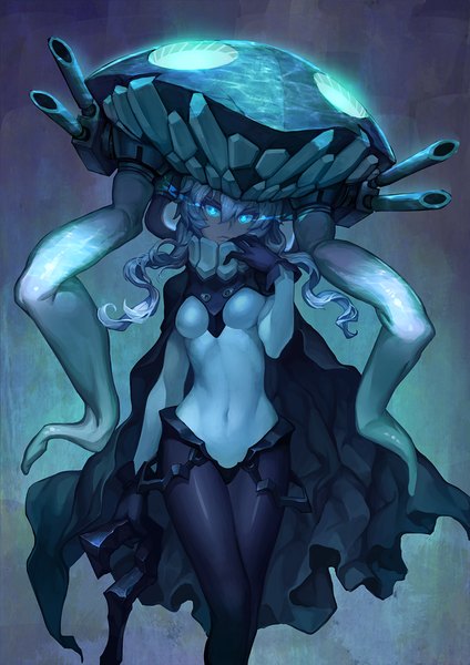 Anime picture 800x1132 with kantai collection wo-class aircraft carrier odibil single long hair tall image looking at viewer fringe breasts blue eyes bent knee (knees) head tilt lips grey hair thighs covered navel glowing dark background glowing eye (eyes) serious