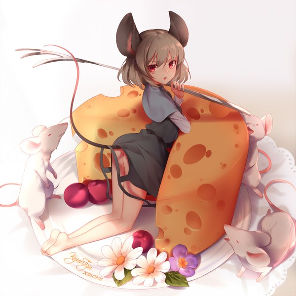 Anime picture 800x800 with touhou nazrin kyuri tizu single looking at viewer fringe short hair open mouth light erotic hair between eyes red eyes holding animal ears full body bent knee (knees) ass tail animal tail barefoot from above