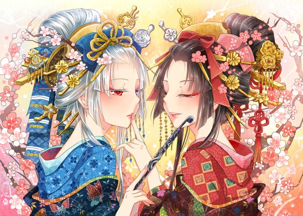 Anime picture 1269x907 with original nekozuki yuki long hair blush black hair red eyes multiple girls silver hair upper body traditional clothes japanese clothes cherry blossoms finger to mouth makeup girl 2 girls headdress kimono pipe kiseru