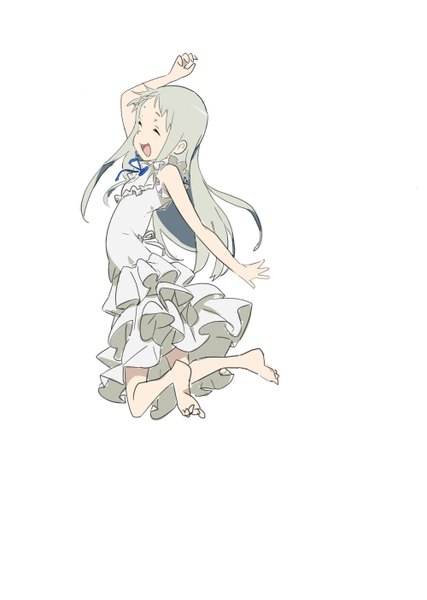 Anime picture 1000x1405 with ano hi mita hana no namae wo bokutachi wa mada shiranai a-1 pictures honma meiko magomago single long hair tall image open mouth simple background white background bare shoulders silver hair full body eyes closed barefoot jumping girl dress sundress