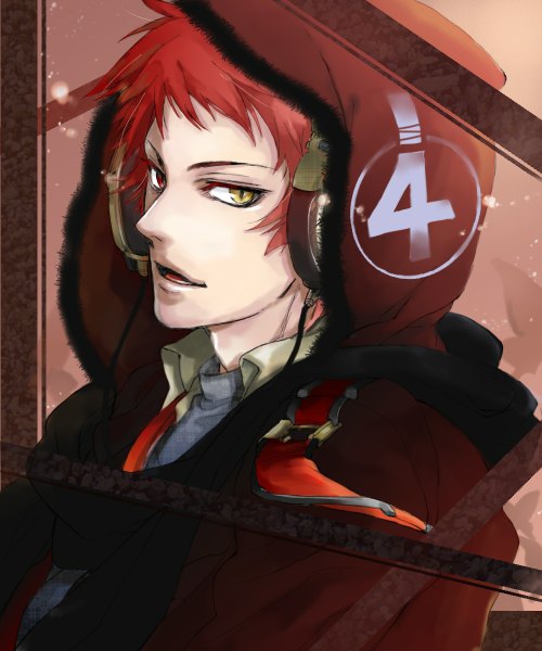 Anime picture 1000x1200 with kuroko no basket production i.g akashi seijuurou saku (kisaragirion) single tall image looking at viewer short hair open mouth smile red eyes yellow eyes red hair open clothes open jacket heterochromia boy jacket headphones wire (wires)