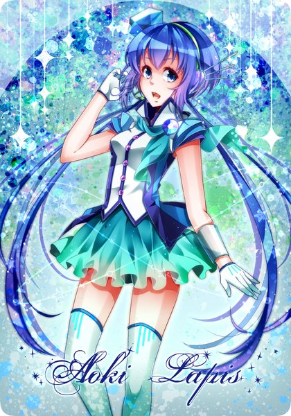 Anime picture 1500x2142 with vocaloid aoki lapis nou single long hair tall image open mouth blue eyes twintails blue hair looking away character names girl thighhighs dress gloves white thighhighs headphones