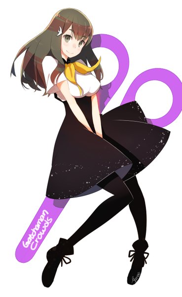 Anime picture 897x1455 with gatchaman crowds tatsunoko ichinose hajime efmoe single long hair tall image blush breasts simple background smile brown hair white background signed inscription grey eyes between legs weightlessness girl dress