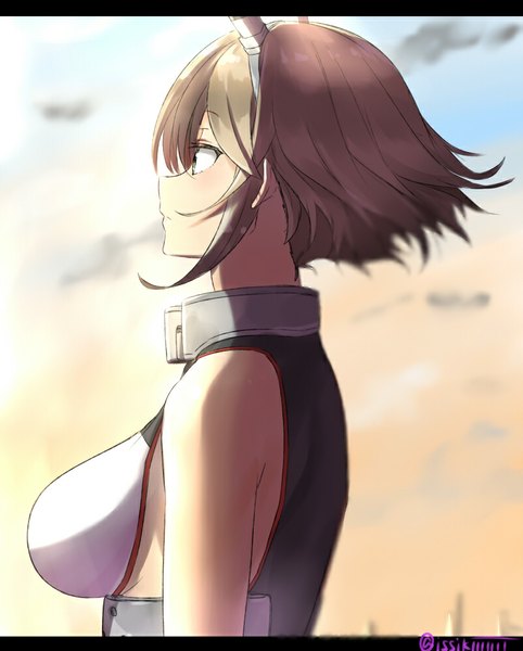 Anime picture 800x995 with kantai collection mutsu battleship single tall image blush fringe short hair breasts brown hair large breasts bare shoulders evening sunset girl uniform military uniform