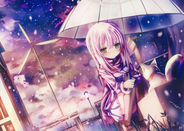 Anime picture 1500x1065 with shino (eefy) single yellow eyes sky cloud (clouds) snowing transparent umbrella for adoption girl plant (plants) animal scarf umbrella cat grass lantern fence box lamppost wind turbine