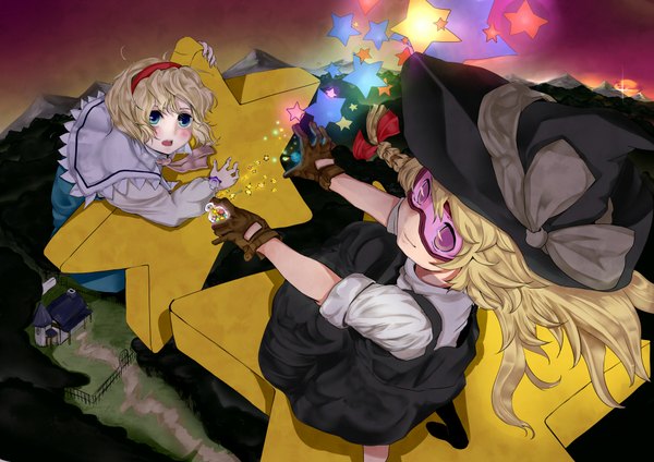 Anime picture 2046x1446 with touhou kirisame marisa alice margatroid fujisaki miharu (love) long hair highres short hair blue eyes blonde hair multiple girls girl gloves 2 girls hat glasses star (symbol) bottle