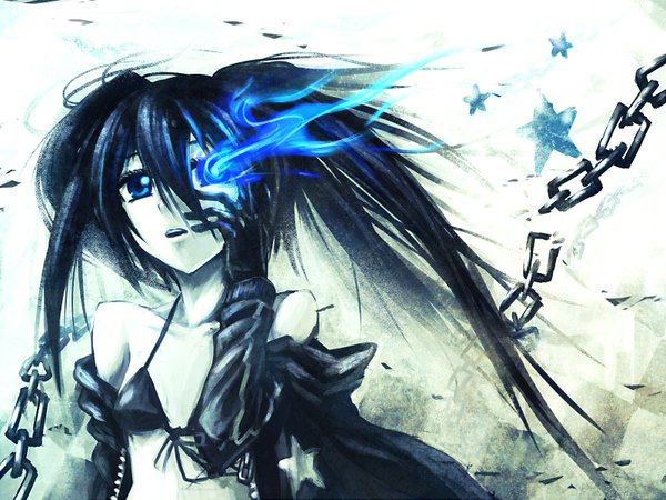 Anime picture 1600x1200 with black rock shooter black rock shooter (character) samael single long hair blush open mouth blue eyes black hair twintails bare shoulders open clothes glowing glowing eye (eyes) girl gloves swimsuit chain bikini top