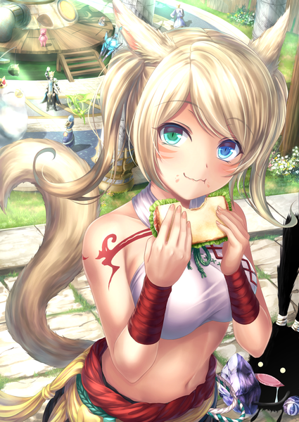 Anime picture 1195x1686 with final fantasy final fantasy xiv square enix miqo'te tiphereth tall image looking at viewer short hair breasts blue eyes blonde hair smile twintails bare shoulders holding green eyes animal ears payot upper body outdoors