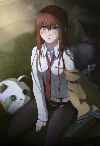 Anime picture 4080x5948 with steins;gate white fox makise kurisu single long hair tall image blush highres open mouth blue eyes brown hair absurdres scan open clothes open jacket official art girl shirt necktie jacket