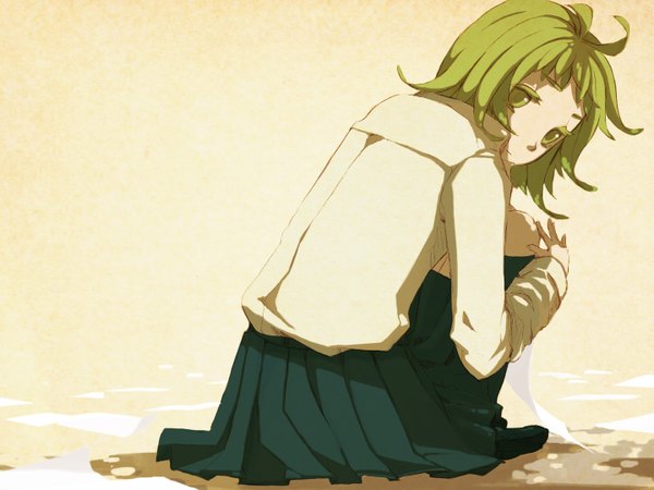 Anime picture 1440x1080 with vocaloid gumi 72 (nananatsu) white background sitting green eyes ahoge pleated skirt looking back green hair from behind shadow back squat sad girl skirt uniform school uniform kimi ni gomen ne (vocaloid)