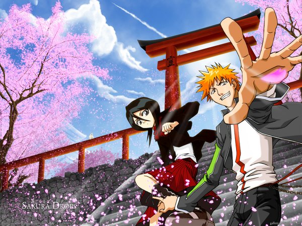 Anime picture 1024x768 with bleach studio pierrot kurosaki ichigo kuchiki rukia sandy (artist) looking at viewer short hair black hair smile signed sky cloud (clouds) black eyes orange hair open jacket copyright name character names grin cherry blossoms outstretched arm