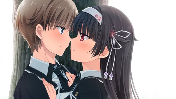 Anime picture 1920x1080 with imouto no okage de mote sugite yabai toshima maina ikegami akane long hair highres short hair blue eyes black hair simple background red eyes brown hair wide image white background game cg profile couple almost kiss girl boy uniform