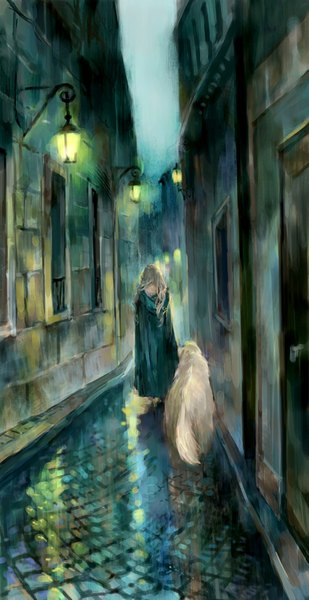 Anime picture 1005x1951 with original oyabin single long hair tall image blonde hair sky alley girl window building (buildings) lantern mantle dog door