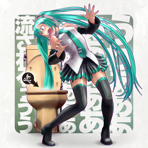 Anime picture 1200x1200 with vocaloid hatsune miku wokada single blush fringe breasts open mouth standing twintails aqua eyes aqua hair screaming girl skirt detached sleeves necktie boots thigh boots toilet