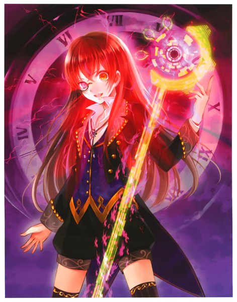 Anime picture 4208x5364 with million arthur (series) kaku-san-sei million arthur square enix fukahire (ruinon) single long hair tall image looking at viewer highres open mouth absurdres red hair scan heterochromia girl thighhighs weapon glasses cloak clock