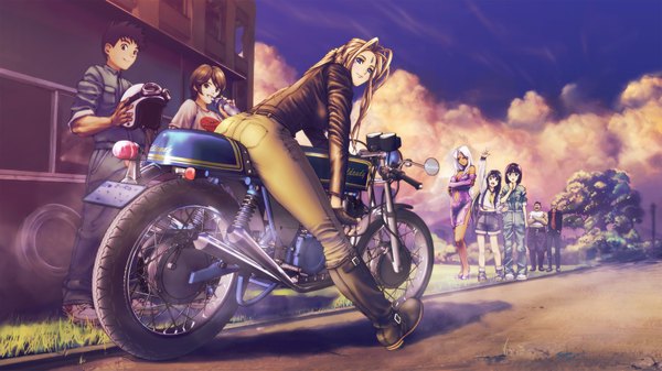 Anime picture 1920x1081 with aa megami-sama anime international company belldandy urd skuld morisato keiichi morisato megumi socha (socha00) long hair highres short hair blue eyes black hair brown hair wide image multiple girls sky cloud (clouds) black eyes multiple boys