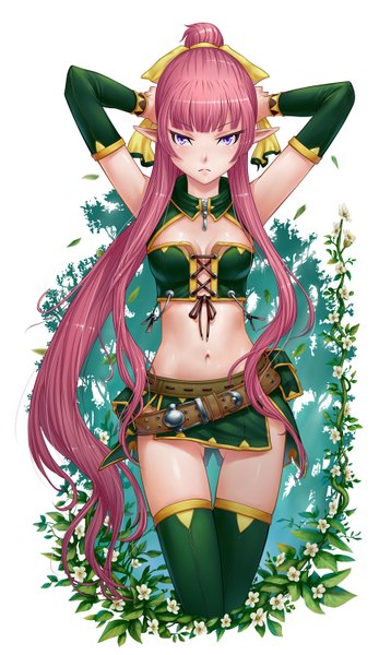 Anime picture 895x1500 with magnaleon single tall image looking at viewer blush light erotic purple eyes pink hair very long hair pointy ears girl navel ribbon (ribbons) plant (plants) hair ribbon miniskirt belt leaf (leaves)