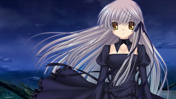 Anime picture 1280x720 with rewrite senri akane long hair brown hair wide image yellow eyes game cg girl dress ribbon (ribbons) hair ribbon black dress