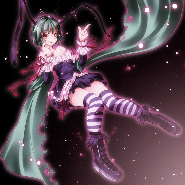 Anime picture 1500x1500 with touhou wriggle nightbug s-syogo single short hair red eyes ahoge green hair girl thighhighs dress striped thighhighs