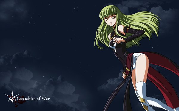 Anime picture 1920x1200 with code geass sunrise (studio) c.c. single long hair highres wide image yellow eyes sky cloud (clouds) green hair night girl detached sleeves