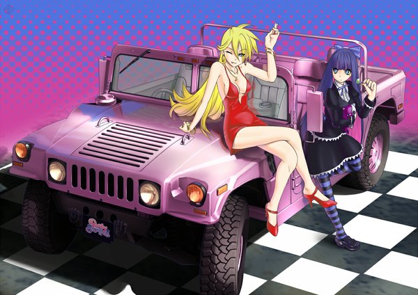 Anime picture 1080x764 with panty & stocking with garterbelt anarchy stocking anarchy panty raybar (artist) blue eyes blonde hair purple eyes multiple girls one eye closed multicolored hair wink two-tone hair crossed legs colored inner hair checkered floor girl thighhighs dress bow 2 girls
