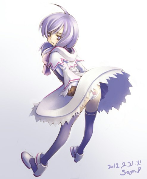 Anime picture 700x850 with elsword aisha landar elemental master (elsword) ecell (artist) single tall image short hair light erotic simple background purple eyes purple hair ass girl thighhighs underwear panties